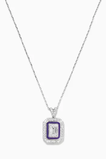 Mystery Set Enamel Framed Stud Diamond Pendant in 14kt White Gold