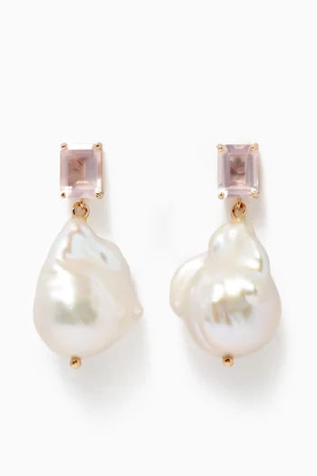 Pink Topaz & Baroque Pearl Drop Earrings in 14kt Yellow Gold    