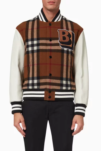Letter Graphic Bomber Jacket in Check Technical Wool   