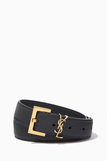 Monogram Belt with Square Buckle in Grained  Leather 