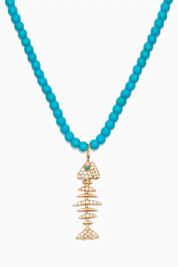 Beaded Turquoise Wishbone Necklace in 18kt Yellow Gold 