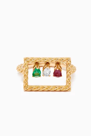 Rope Rectangle Diamond Ruby & Emerald Ring in 18kt Yellow Gold