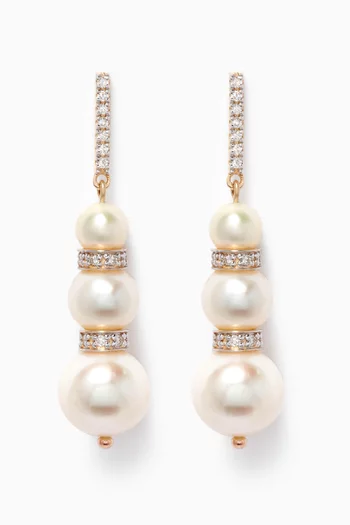 Three Pearl Ball Drop & Diamonds Earrings in 14kt Yellow Gold      