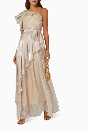 One-shoulder Ruffled Maxi Dress in Shiny Chiffon 