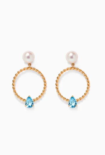 Kiku Freshwater Pearl & Blue Topaz Earrings in 18kt Yellow Gold 