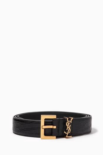 Cassandre Belt with Square Buckle in Crocodile-embossed Leather              