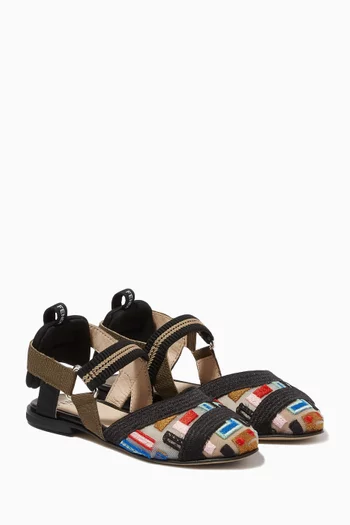 Slingback Embroidered Sandals in Canvas & Mesh