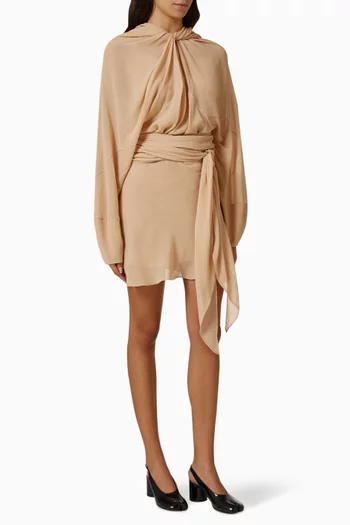 Draped Neck Mini Dress in Silk-georgette
