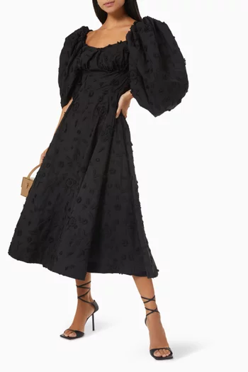 فستان متوسط الطول بقصة منفوخة ونقشة زهور قطن