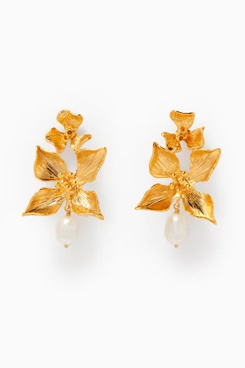 Pearl Blossom Drop Earrings in 24kt Gold-plated Brass