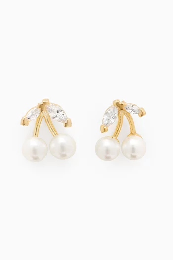 CZ & Pearl Cherry Stud Earrings in Gold-plated Brass