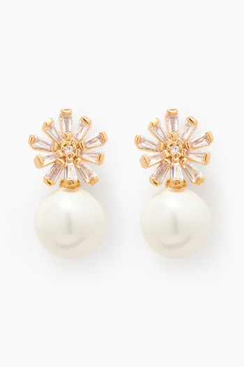CZ Flower Pearl Drop Earrings in Gold-plated Brass