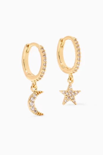 CZ Pavé Star & Moon Huggie Earrings in Gold-plated Brass