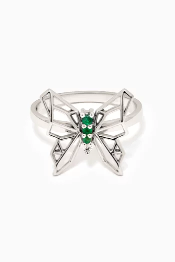Butterflies Diamond & Emerald Ring 18kt White Gold