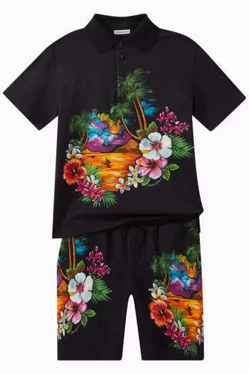 Hawaiian Print Shorts in Cotton Pique
