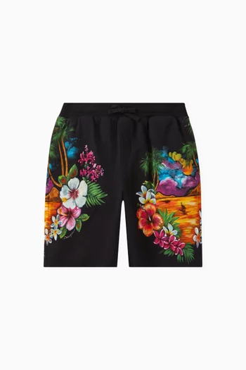 Hawaiian Print Shorts in Cotton Pique