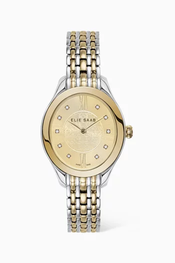 Mystere D'Elie Elegance Swiss Diamond Yellow Gold-plated Stainless Steel Watch, 28mm