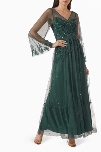 Leaf-embellished Maxi Dress in Tulle