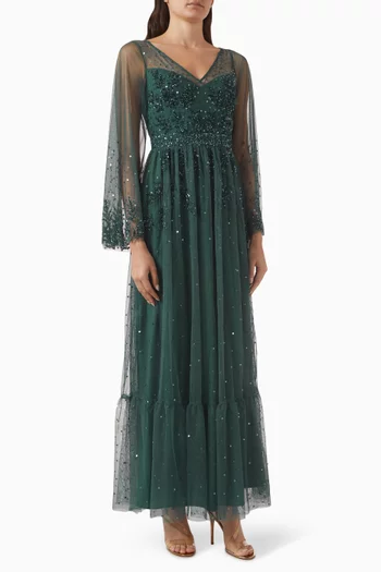 Leaf-embellished Maxi Dress in Tulle