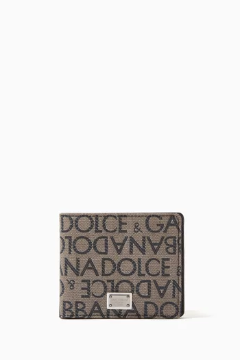 All-over Logo Jacquard Bi-fold Wallet in Canvas & Leather