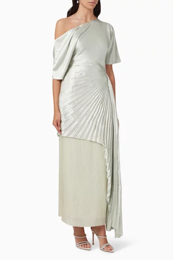 One-shoulder Pleated Maxi Dress in Satin