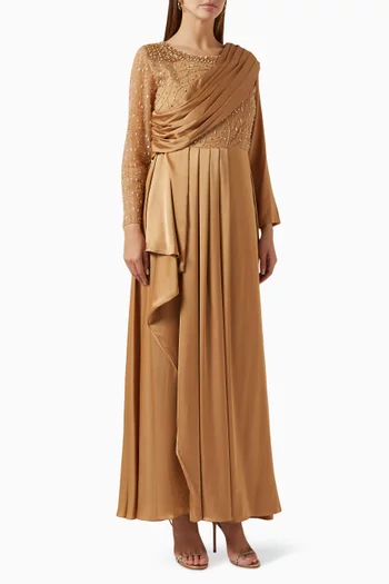 Embellished Pleated Maxi Dress in Satin