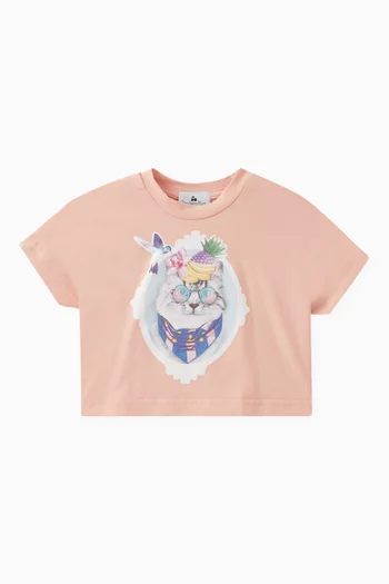 Cropped Cat-print T-shirt in Cotton
