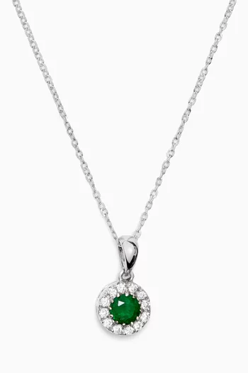 Classic Round Diamond Necklace with Emerald in 18kt White Gold