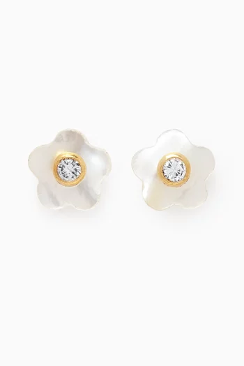 Flower Stud Mother of Pearl Diamond Earrings in 18kt Yellow Gold