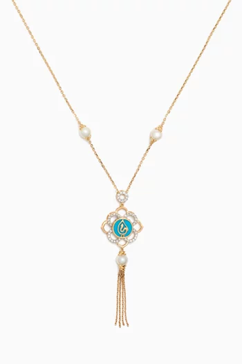 Ummi Dangle Necklace with Diamonds, Pearls & Turquoise in 18kt Yellow Gold