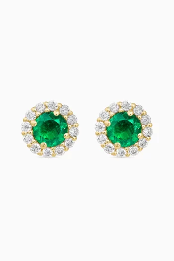 Round Emerald & Diamond Halo Studs in 18kt Yellow Gold