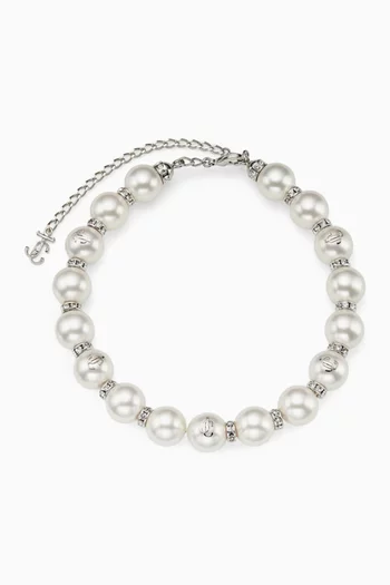 Pearl & Crystal Choker in Silver-tone Metal