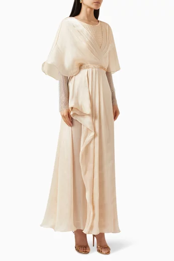 Belted Mesh Sleeves Maxi Dress