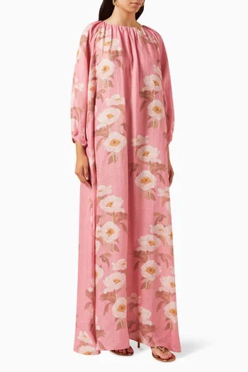 فستان جورجينا طويل بنقشة زهور كتان