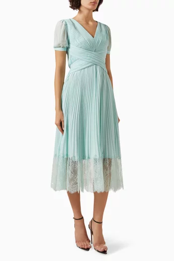Pleated Midi Dress in Chiffon & Lace