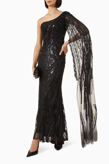 One-shoulder Embellished Cape Gown