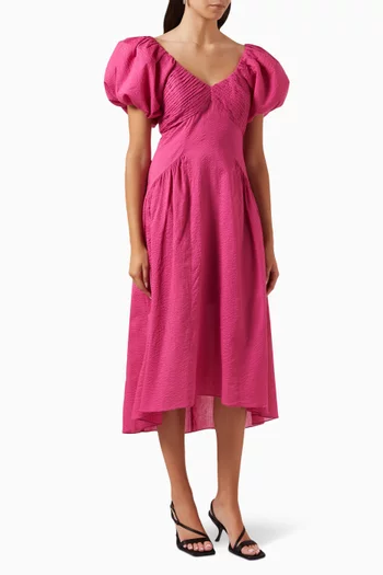 Puff-sleeve Textured Midi Dress in Cotton