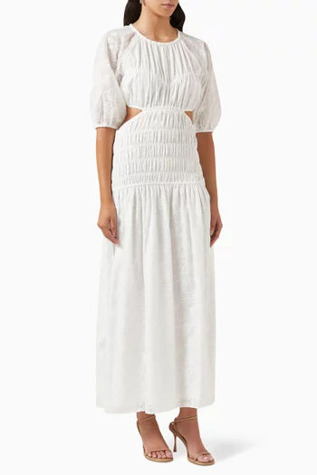 Zofia Smocked Midi Dress in Cotton-blend