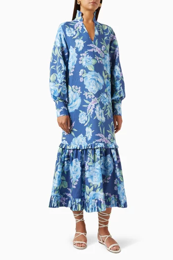 Fatma Floral-print Dress in Linen-blend