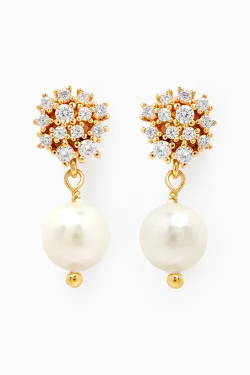 CZ & Pearl Drop Disc Stud Earrings in Gold-vermeil