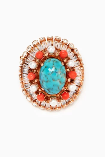 Turquoise & Coral Pearl Brooch in Gold-plated Brass