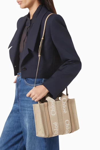 Small Woody Tote Bag in Linen Canvas & Leather