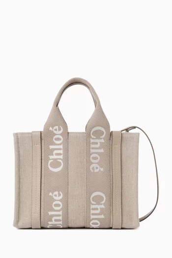 Small Woody Tote Bag in Linen Canvas & Leather