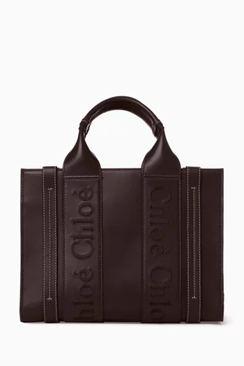 Small Woody Embroidered Tote Bag in Calfskin Leather
