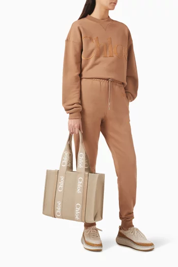 Small Woody Tote Bag in Linen Canvas & Leather