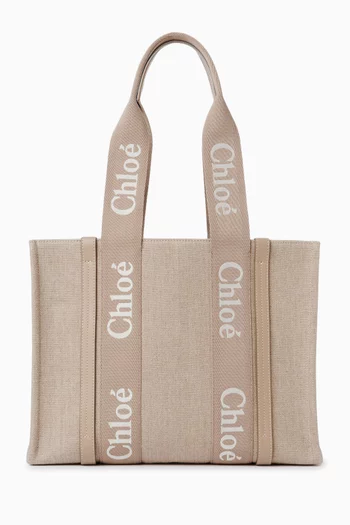Small Woody Tote Bag in Linen Canvas & Leather