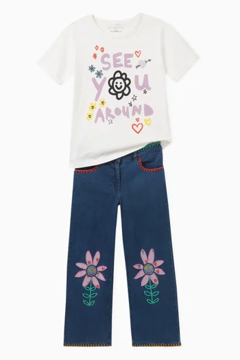 Floral-embroidered Denim Pants in Cotton