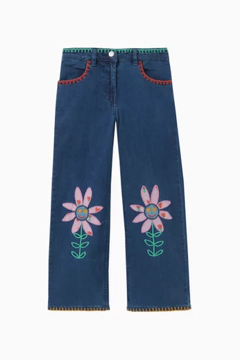 Floral-embroidered Denim Pants in Cotton
