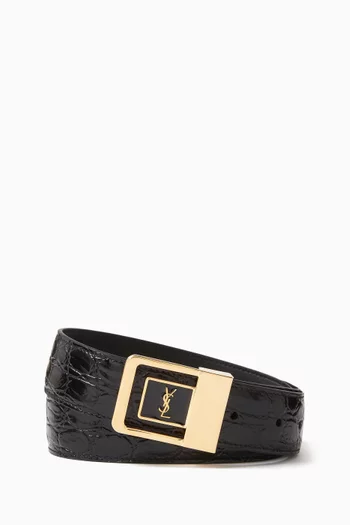 Cassandre Square Buckle Belt in Crocodile-embossed Leather