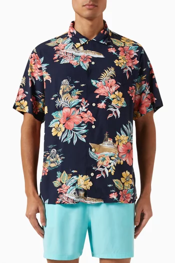 قميص بياقة بطية ونقشة زهور استوائية فيسكوز